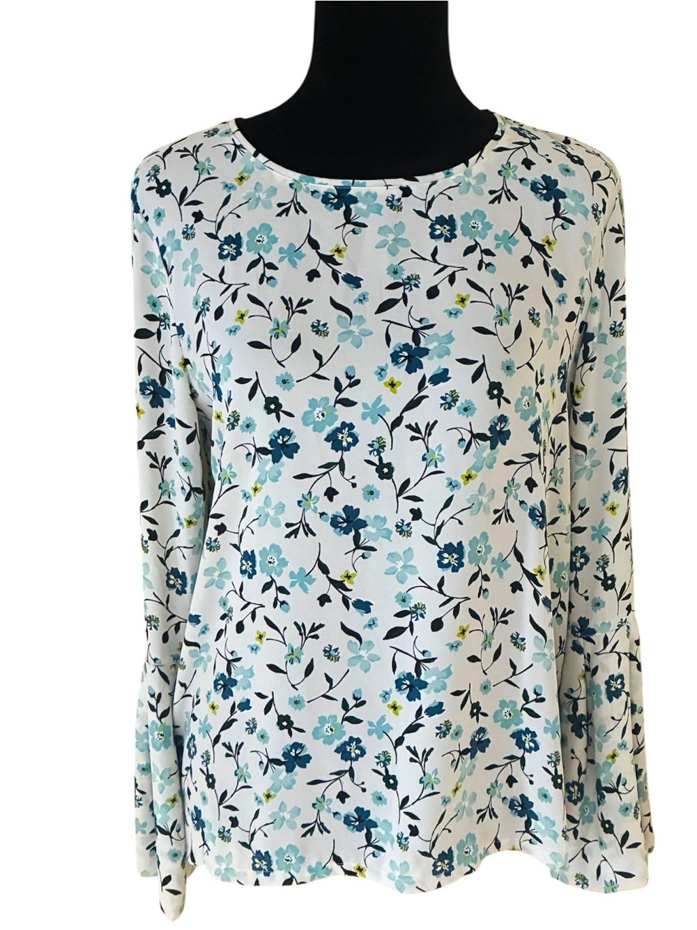 Ann Taylor LOFT Sz SMALL White Blue Floral Bell Sleeve Blouse Top